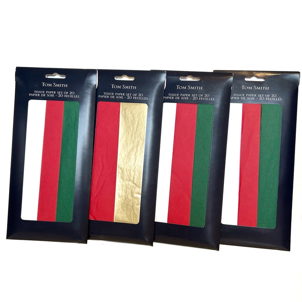 Tom Smith Tissue Paper Gift Wrap 4 Packs of 20 Sheets Red Gold White Green Shiny